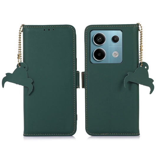 For Xiaomi Redmi Note 13 Pro 5G / Poco X6 5G Case Genuine Cow Leather RFID Blocking Wallet Stand Cover - Green