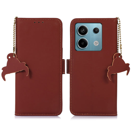 For Xiaomi Redmi Note 13 Pro 5G / Poco X6 5G Case Genuine Cow Leather RFID Blocking Wallet Stand Cover - Coffee