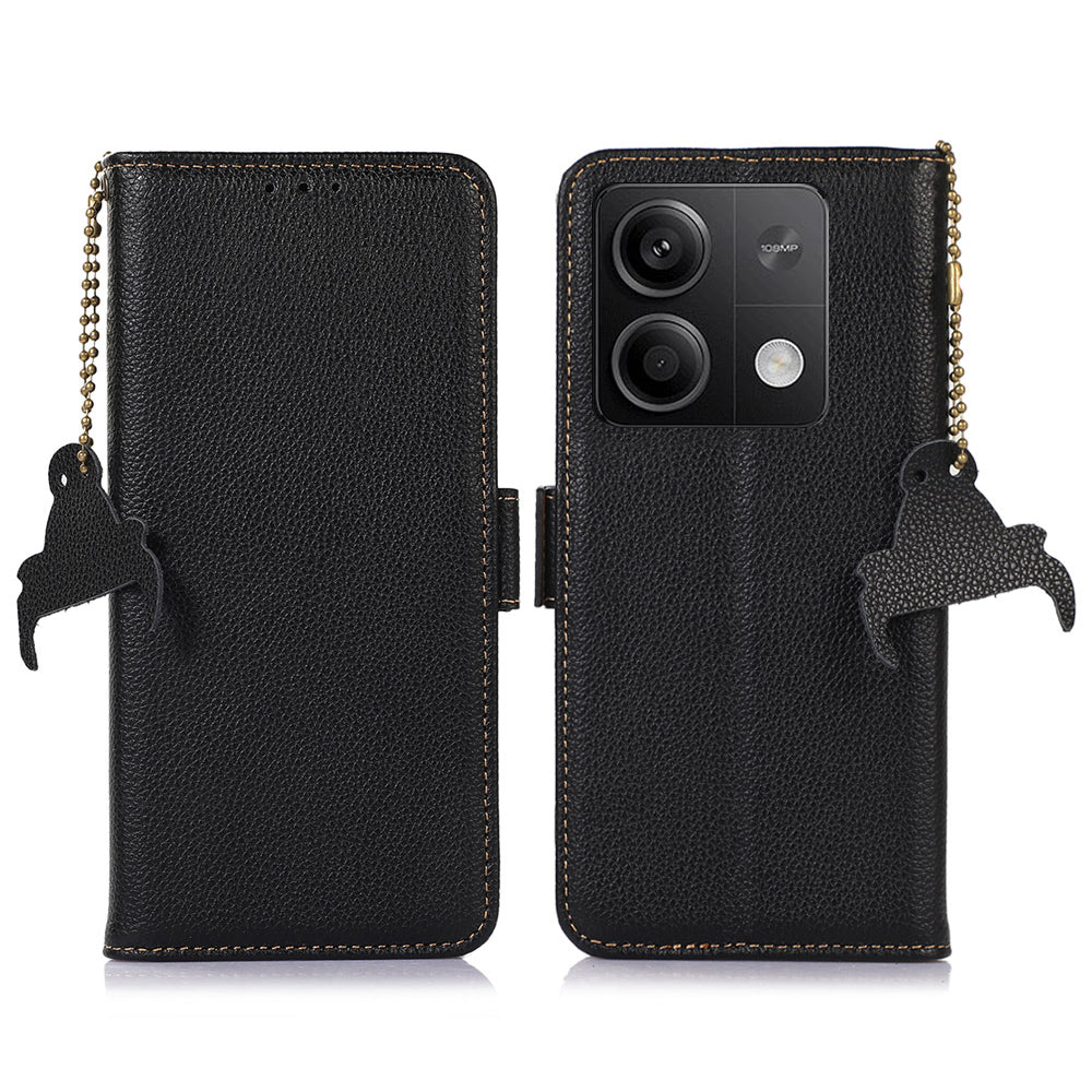 For Xiaomi Redmi Note 13 5G / 13 5G (China) Case Anti-fall RFID Blocking Genuine Cow Leather Smart Phone Cover - Black