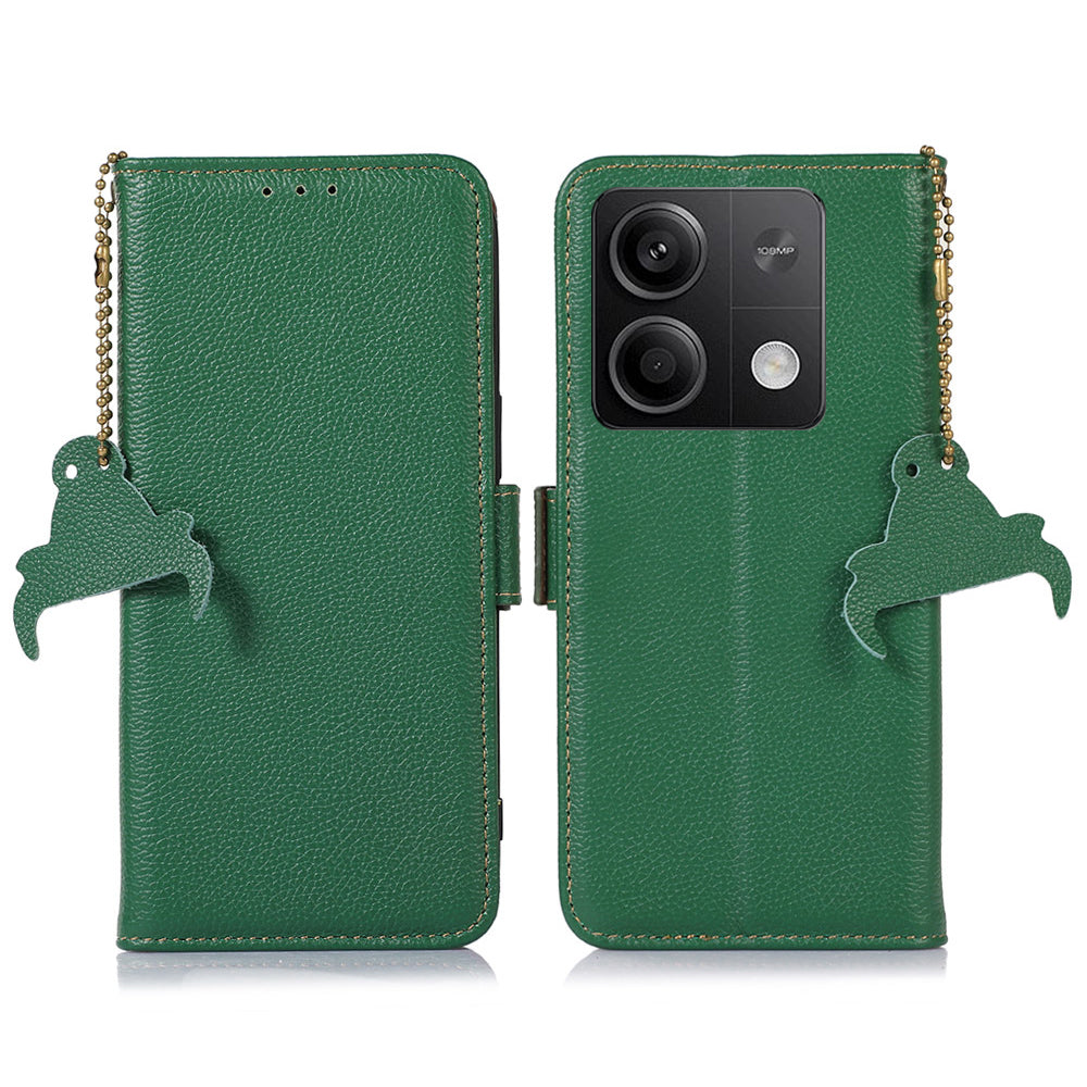 For Xiaomi Redmi Note 13 5G / 13 5G (China) Case Anti-fall RFID Blocking Genuine Cow Leather Smart Phone Cover - Green
