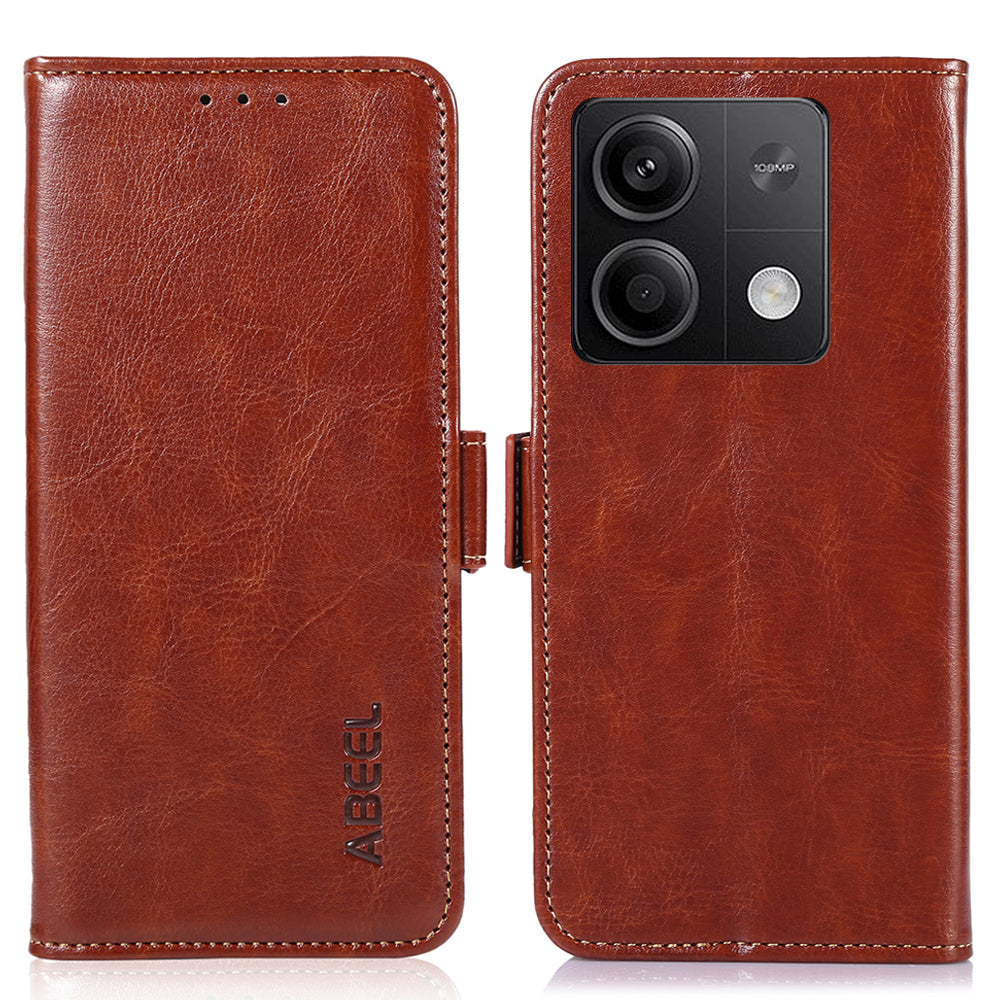 ABEEL For Xiaomi Redmi Note 13 5G / 13 5G (China) Cell Phone Cases Wallet Crazy Horse Texture Leather Shell - Brown