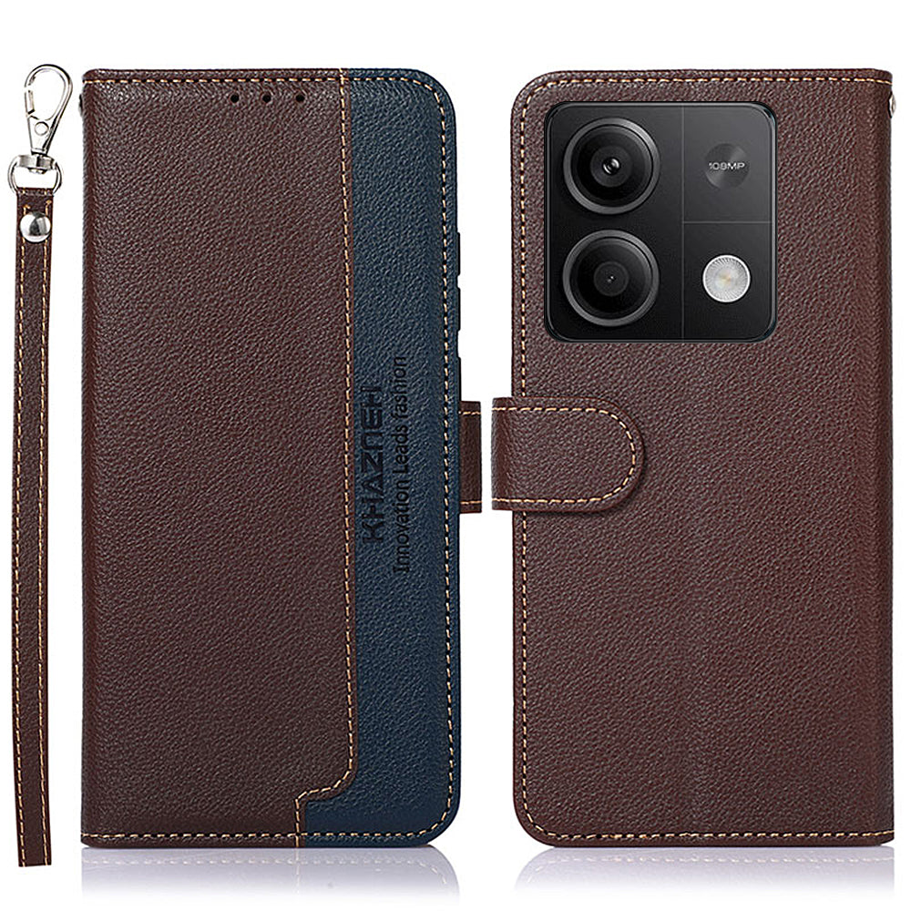 KHAZNEH For Xiaomi Redmi Note 13 5G / 13 5G (China) Cell Phone Case RFID Blocking Litchi Texture Protective Cover - Brown