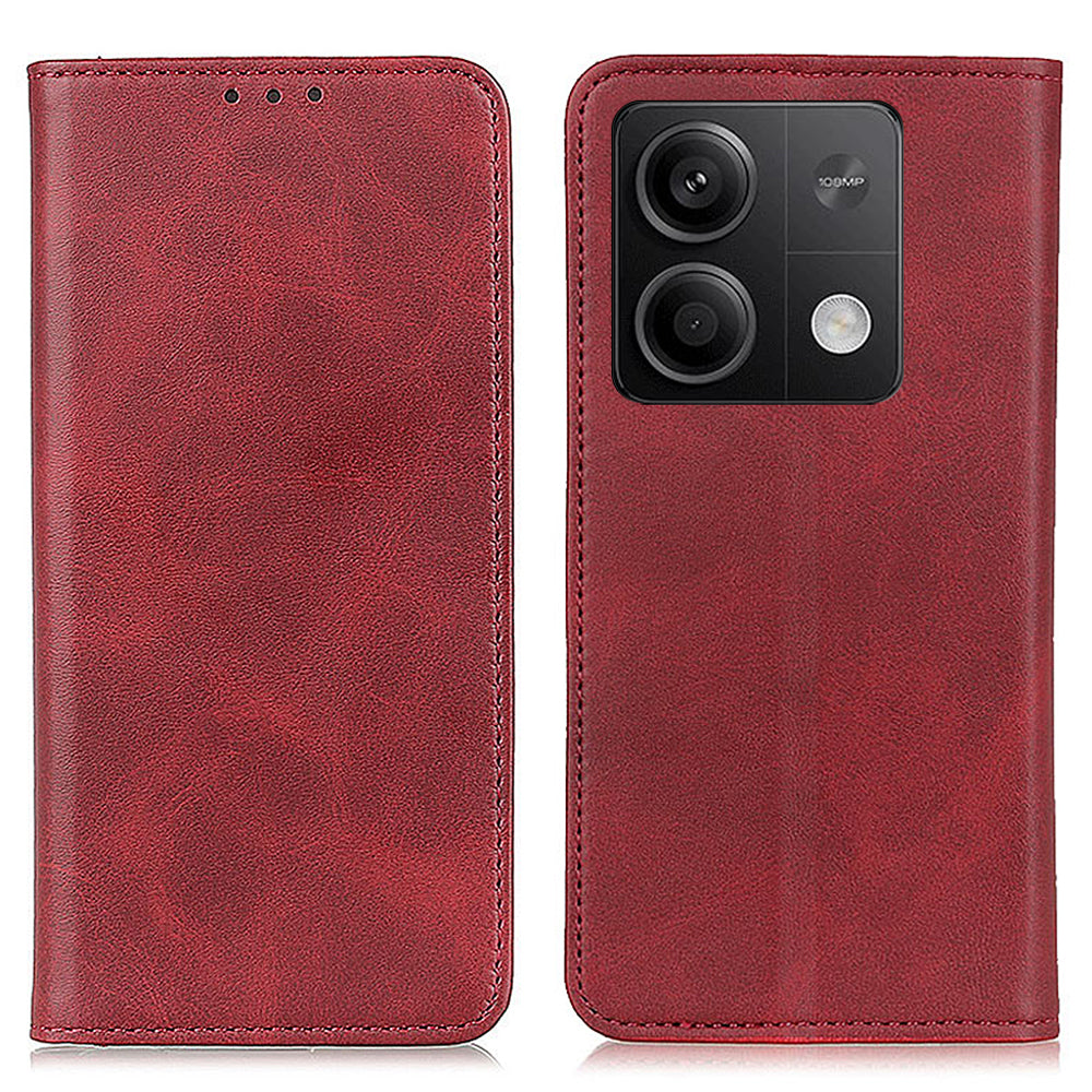 For Xiaomi Redmi Note 13 5G / 13 5G (China) Magnetic Phone Case Split Leather Cowhide Texture Wallet Cover - Red