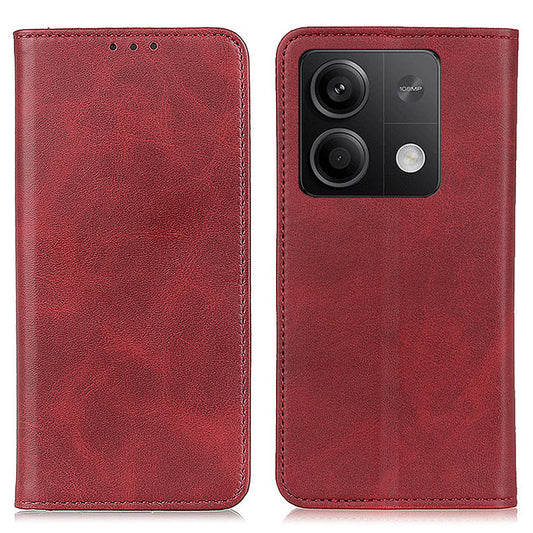 For Xiaomi Redmi Note 13 5G / 13 5G (China) Magnetic Phone Case Split Leather Cowhide Texture Wallet Cover - Red