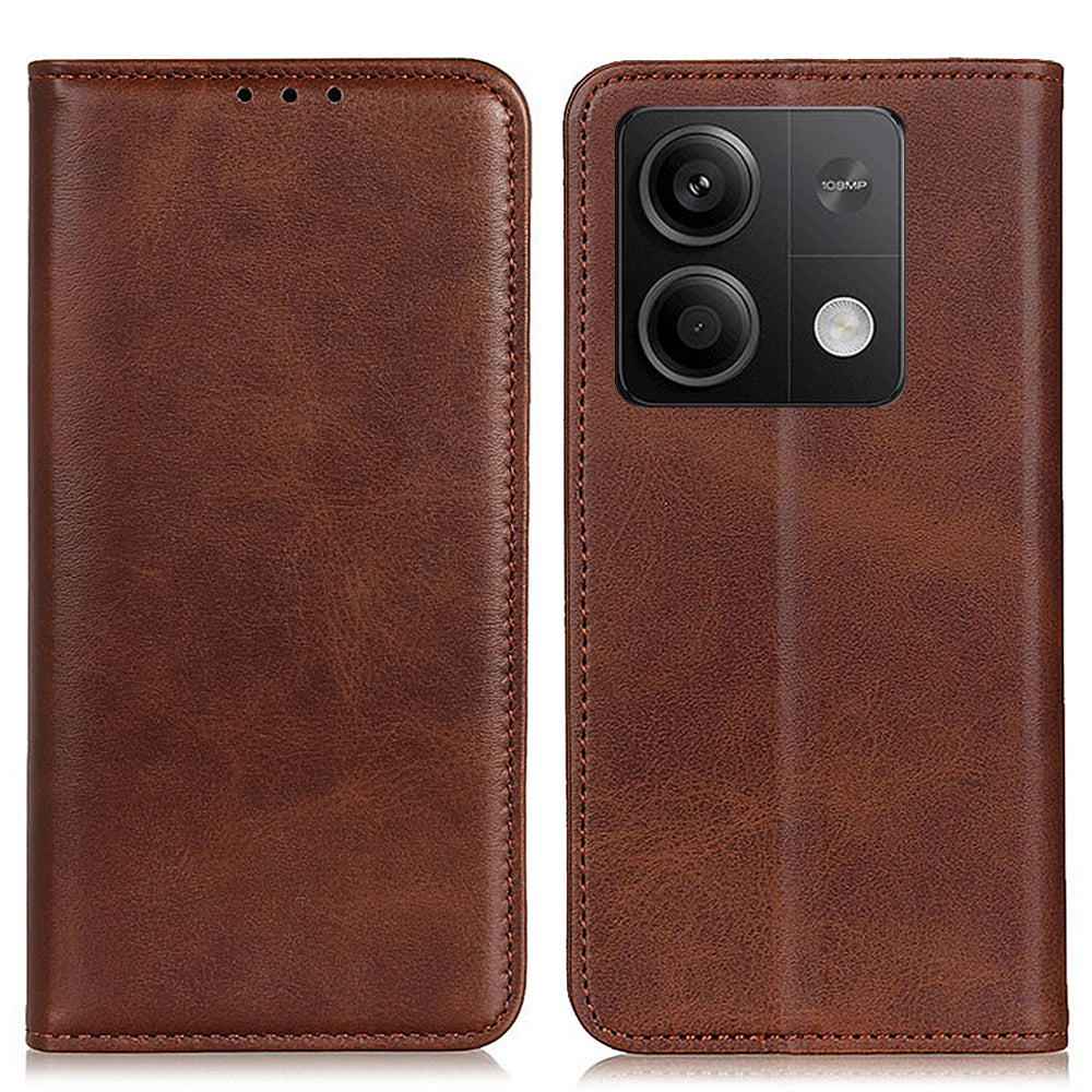 For Xiaomi Redmi Note 13 5G / 13 5G (China) Magnetic Phone Case Split Leather Cowhide Texture Wallet Cover - Coffee