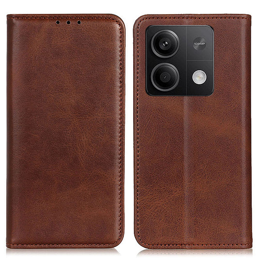 For Xiaomi Redmi Note 13 5G / 13 5G (China) Magnetic Phone Case Split Leather Cowhide Texture Wallet Cover - Coffee