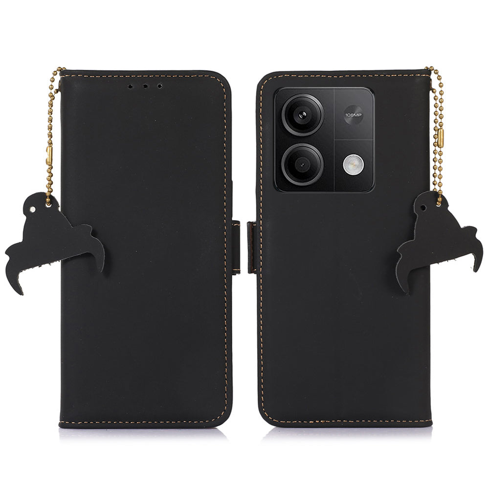 For Xiaomi Redmi Note 13 5G / 13 5G (China) Case RFID Blocking Genuine Cow Leather Wallet Mobile Phone Cover - Black