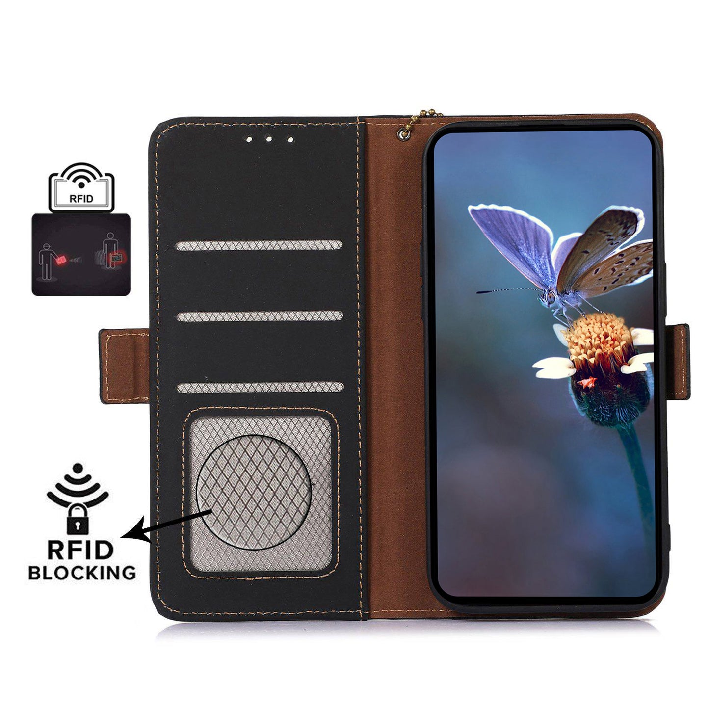For Xiaomi Redmi Note 13 5G / 13 5G (China) Case RFID Blocking Genuine Cow Leather Wallet Mobile Phone Cover - Black