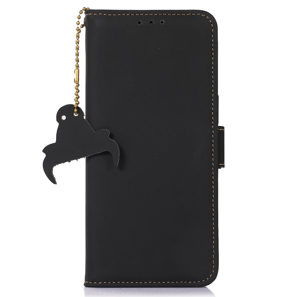 For Xiaomi Redmi Note 13 5G / 13 5G (China) Case RFID Blocking Genuine Cow Leather Wallet Mobile Phone Cover - Black