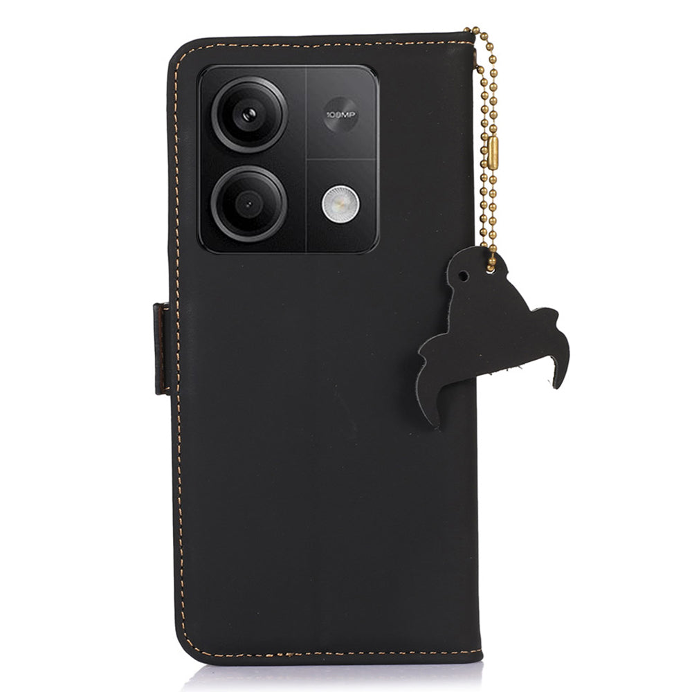 For Xiaomi Redmi Note 13 5G / 13 5G (China) Case RFID Blocking Genuine Cow Leather Wallet Mobile Phone Cover - Black