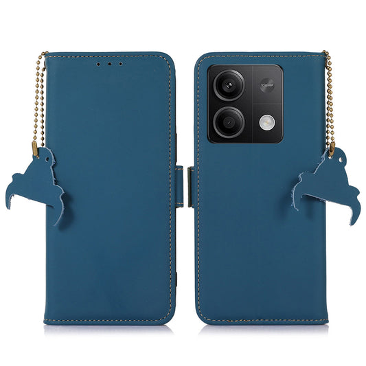 For Xiaomi Redmi Note 13 5G / 13 5G (China) Case RFID Blocking Genuine Cow Leather Wallet Mobile Phone Cover - Blue