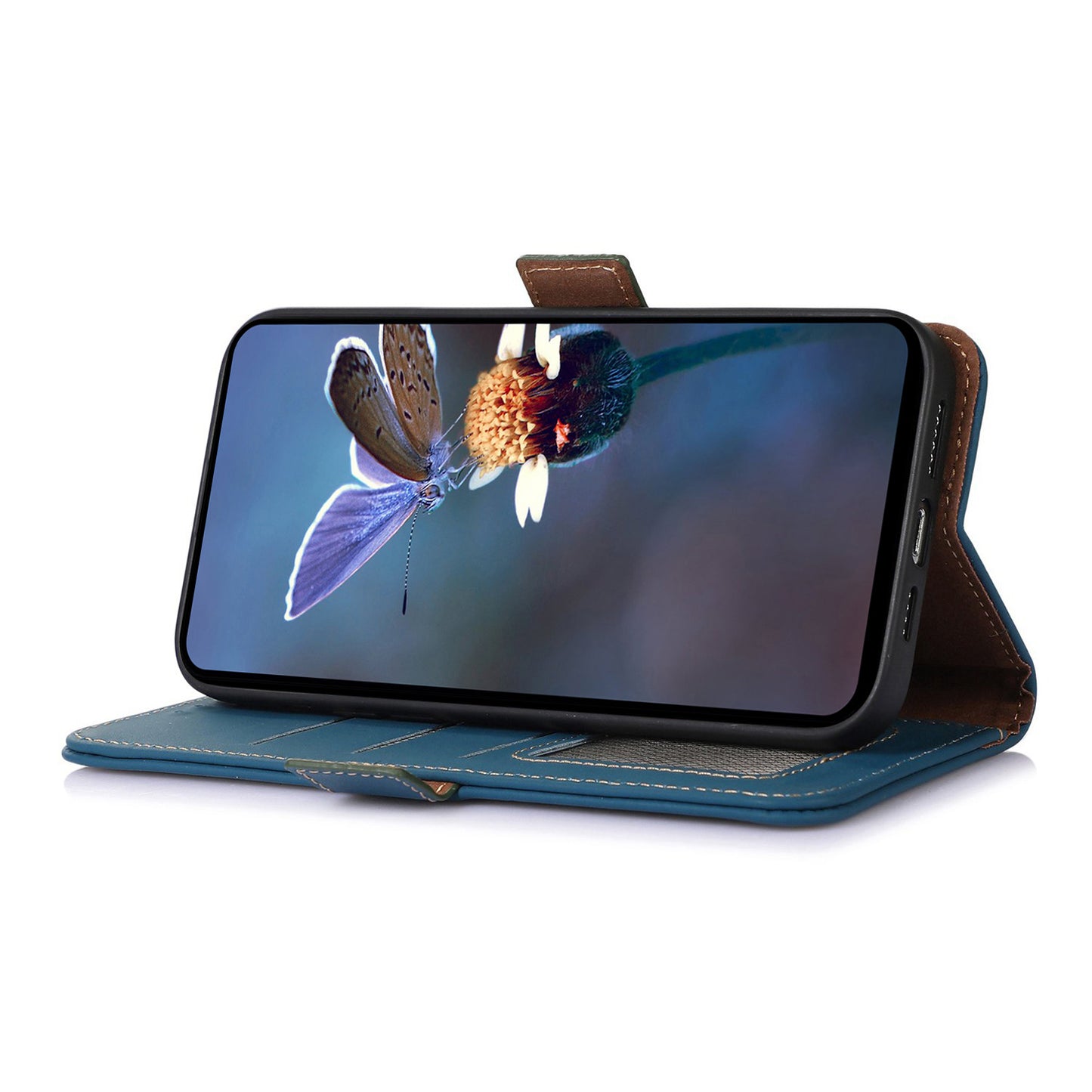 For Xiaomi Redmi Note 13 5G / 13 5G (China) Case RFID Blocking Genuine Cow Leather Wallet Mobile Phone Cover - Blue