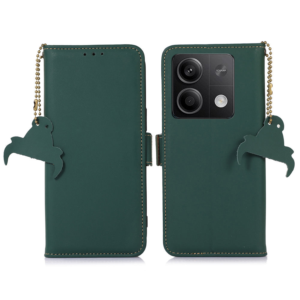 For Xiaomi Redmi Note 13 5G / 13 5G (China) Case RFID Blocking Genuine Cow Leather Wallet Mobile Phone Cover - Green