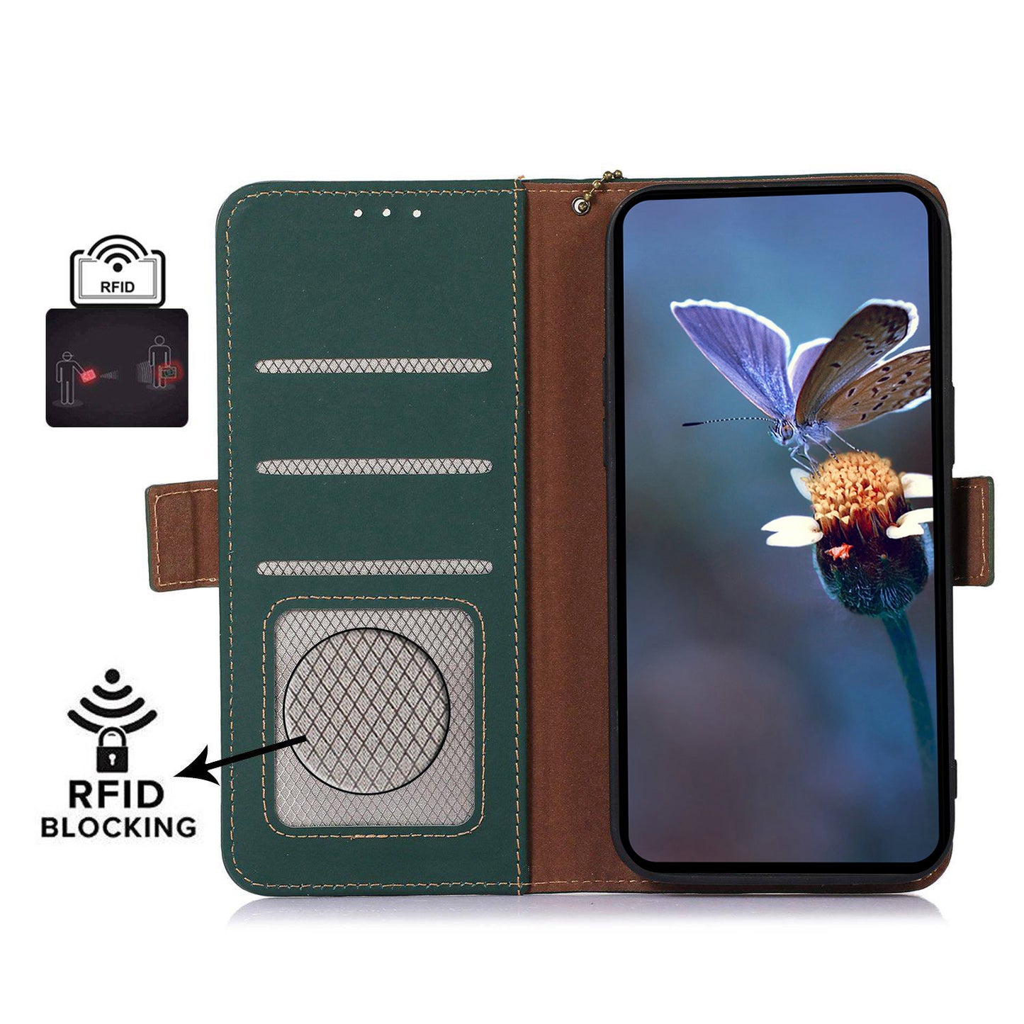 For Xiaomi Redmi Note 13 5G / 13 5G (China) Case RFID Blocking Genuine Cow Leather Wallet Mobile Phone Cover - Green