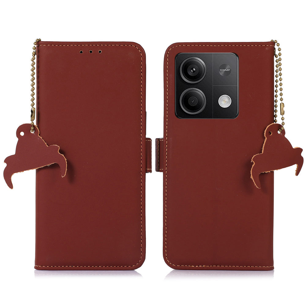 For Xiaomi Redmi Note 13 5G / 13 5G (China) Case RFID Blocking Genuine Cow Leather Wallet Mobile Phone Cover - Coffee