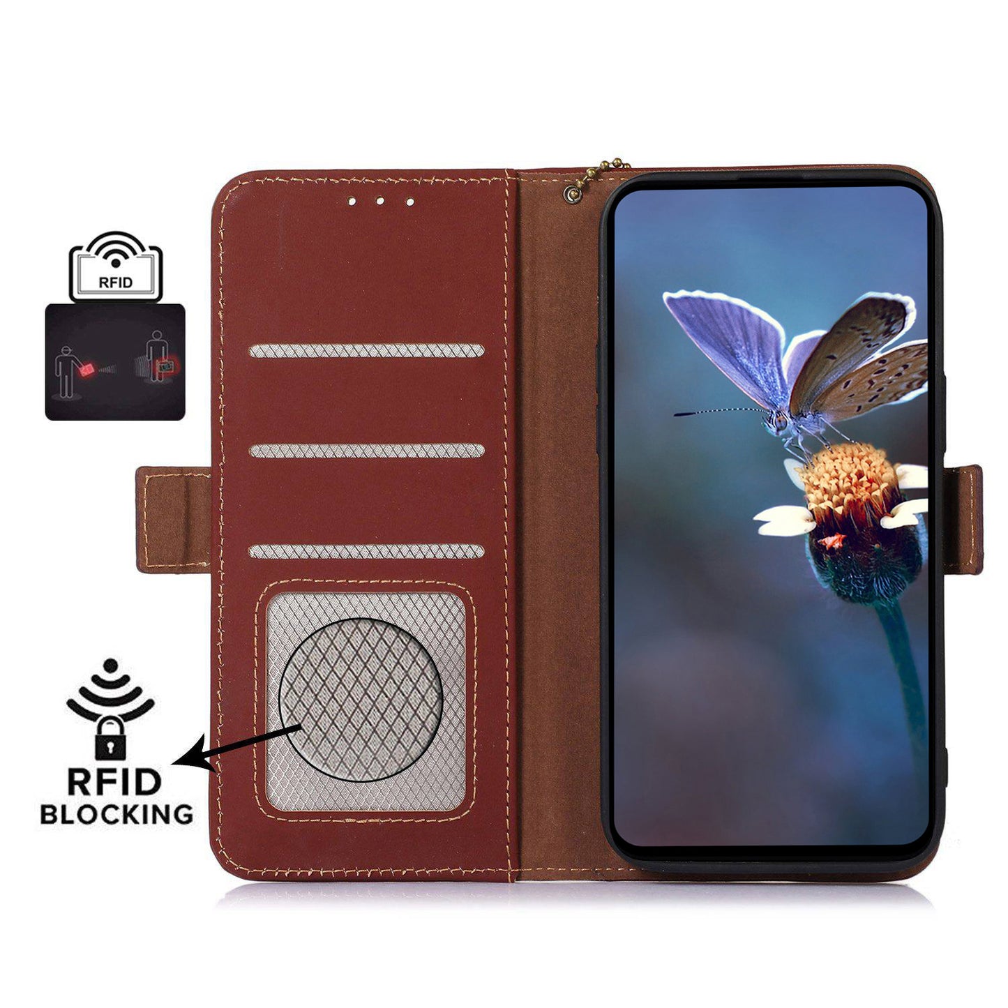 For Xiaomi Redmi Note 13 5G / 13 5G (China) Case RFID Blocking Genuine Cow Leather Wallet Mobile Phone Cover - Coffee