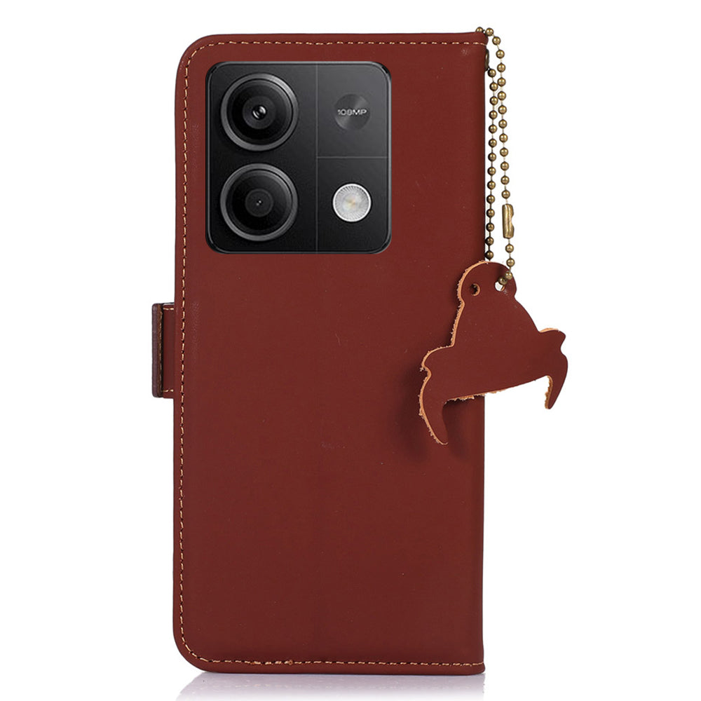 For Xiaomi Redmi Note 13 5G / 13 5G (China) Case RFID Blocking Genuine Cow Leather Wallet Mobile Phone Cover - Coffee