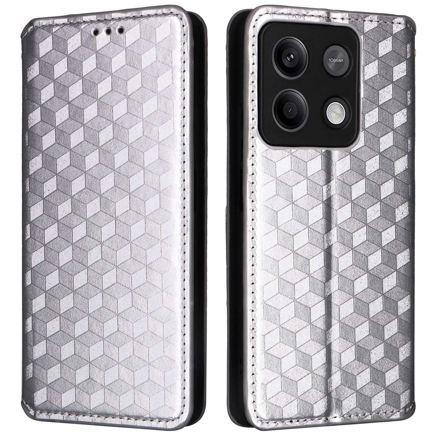 For Xiaomi Redmi Note 13 Pro 5G / Poco X6 5G Cell Phone Case Imprinted Magnetic Closing Cover with Wallet - Silver