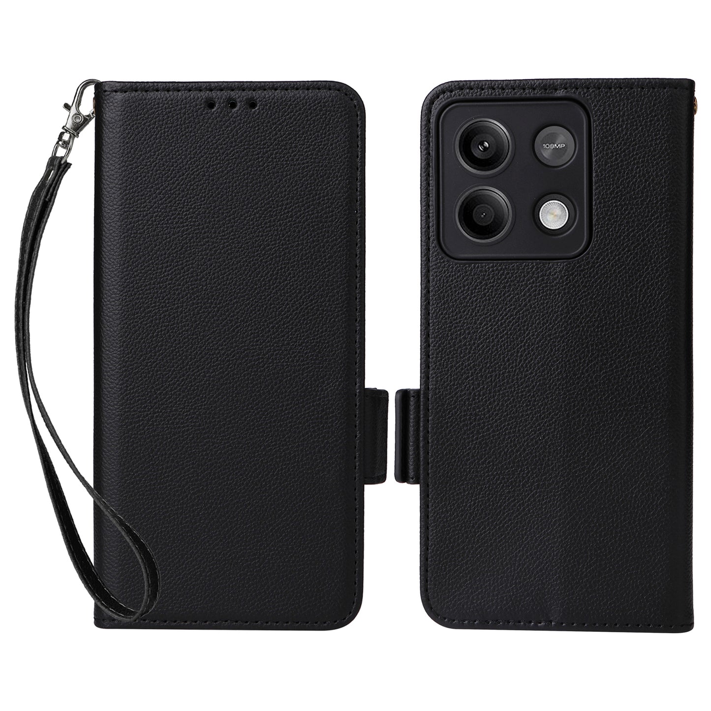 For Xiaomi Redmi Note 13 Pro 5G / Poco X6 5G Cell Phone Case Litchi Texture Leather Cover with Strap - Black