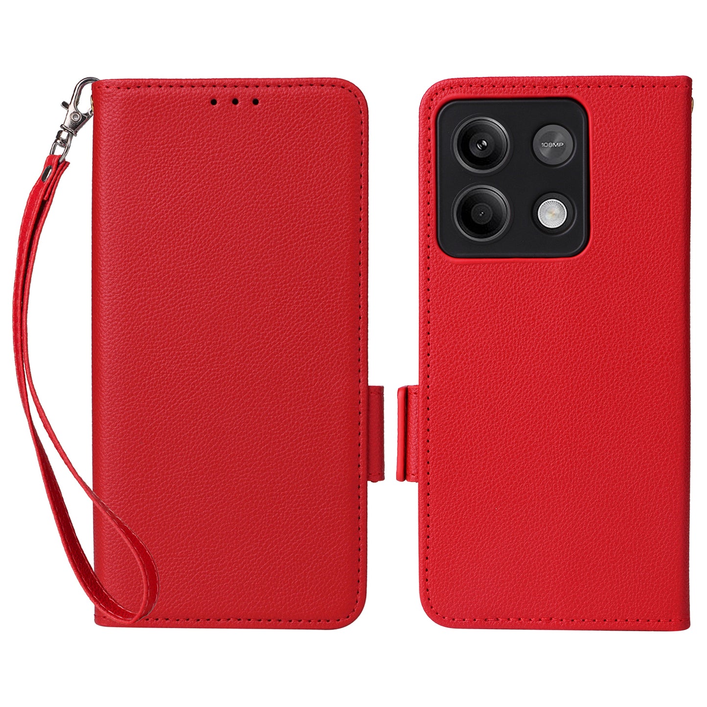 For Xiaomi Redmi Note 13 Pro 5G / Poco X6 5G Cell Phone Case Litchi Texture Leather Cover with Strap - Red