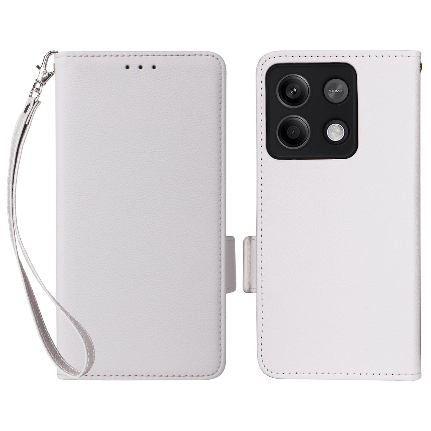 For Xiaomi Redmi Note 13 Pro 5G / Poco X6 5G Cell Phone Case Litchi Texture Leather Cover with Strap - White