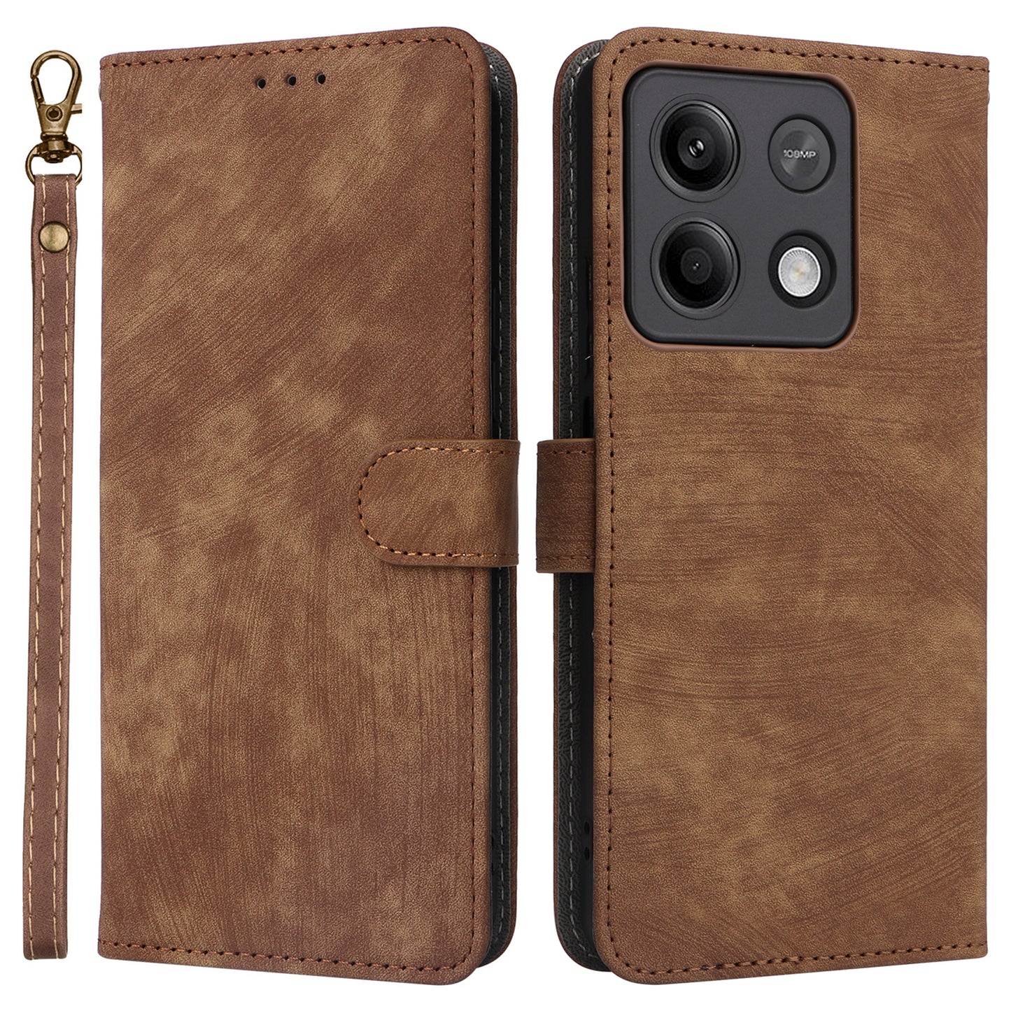 For Xiaomi Redmi Note 13 Pro 5G / Poco X6 5G Cell Phone Case RFID Blocking Wallet Leather Cover with Strap - Brown