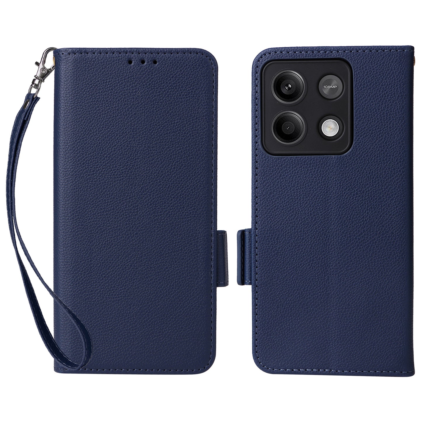 For Xiaomi Redmi Note 13 5G Cover Leather Wallet Stand Cell Phone Case with Strap - Dark Blue