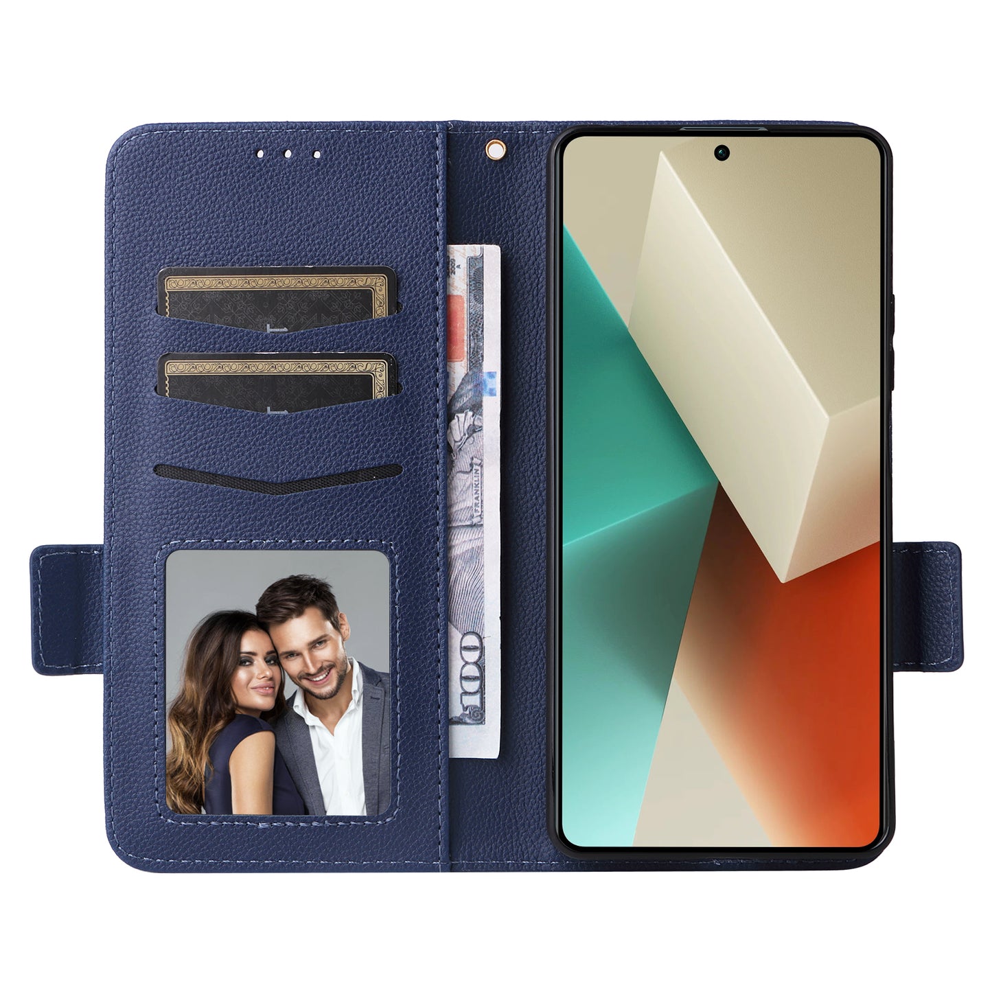 For Xiaomi Redmi Note 13 5G Cover Leather Wallet Stand Cell Phone Case with Strap - Dark Blue
