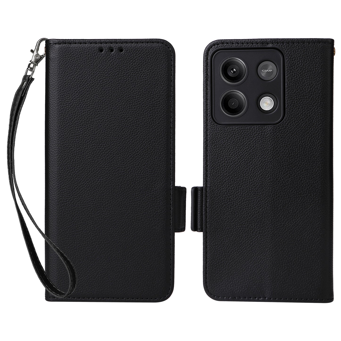 For Xiaomi Redmi Note 13 5G Cover Leather Wallet Stand Cell Phone Case with Strap - Black