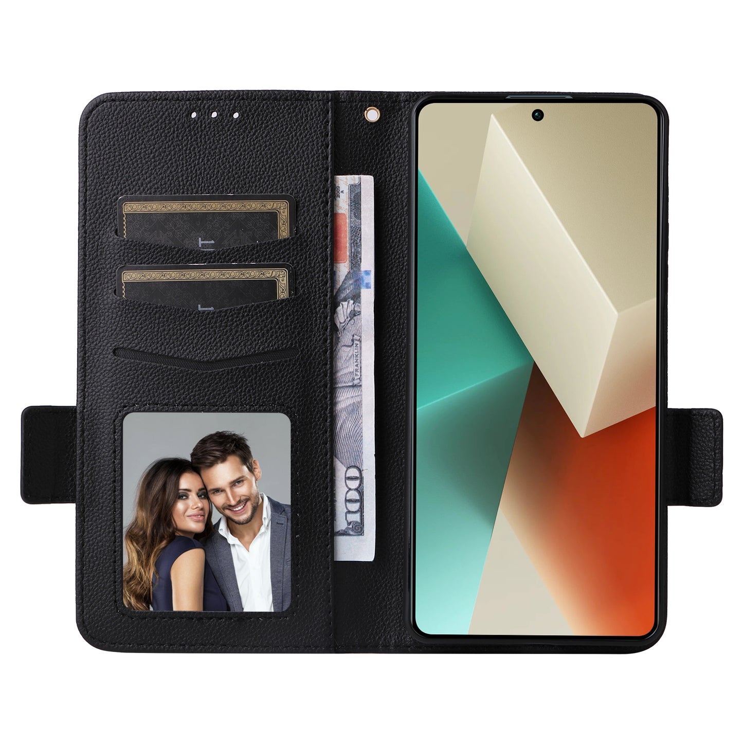 For Xiaomi Redmi Note 13 5G Cover Leather Wallet Stand Cell Phone Case with Strap - Black