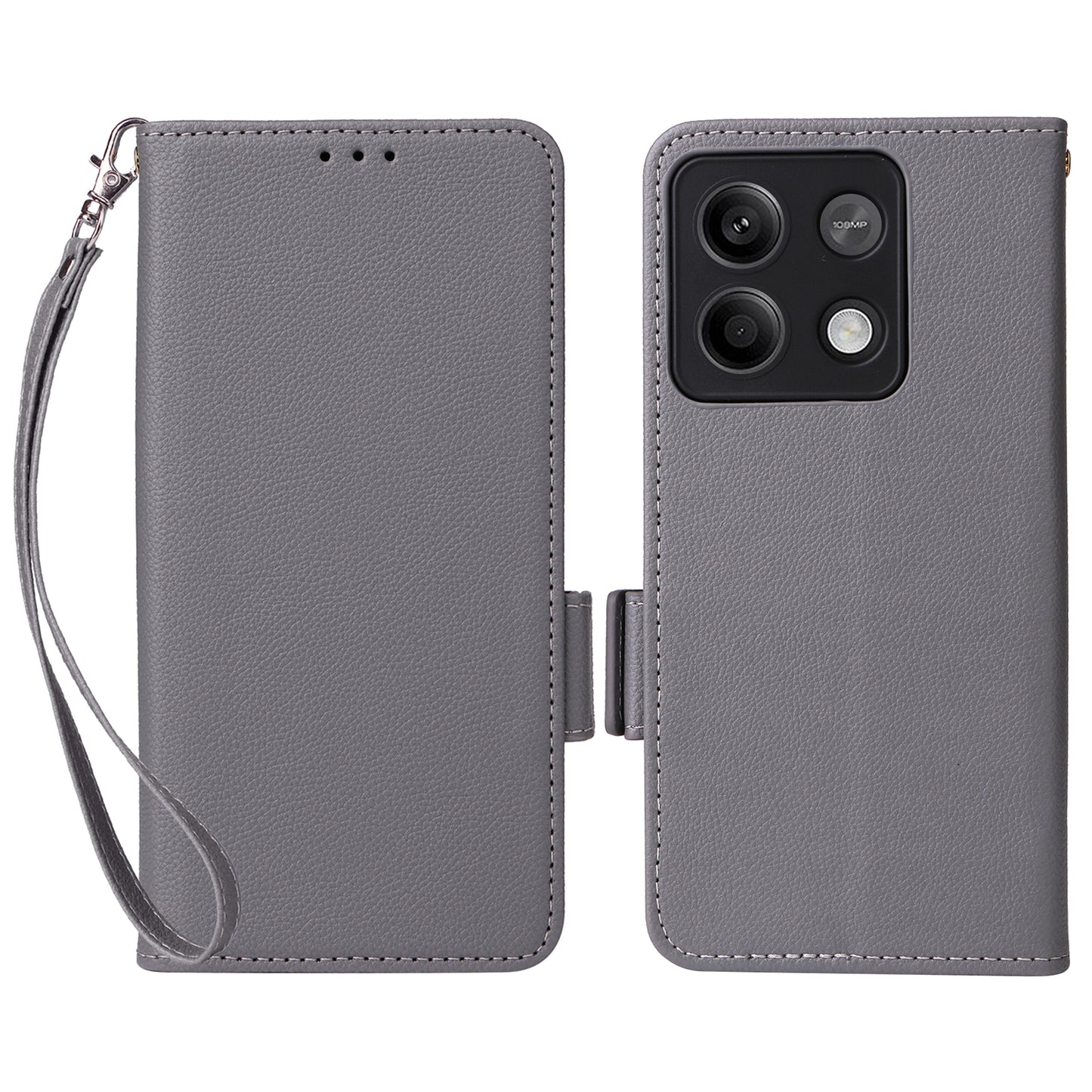 For Xiaomi Redmi Note 13 5G Cover Leather Wallet Stand Cell Phone Case with Strap - Grey
