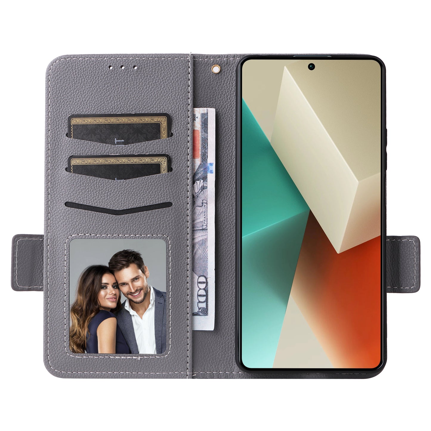 For Xiaomi Redmi Note 13 5G Cover Leather Wallet Stand Cell Phone Case with Strap - Grey
