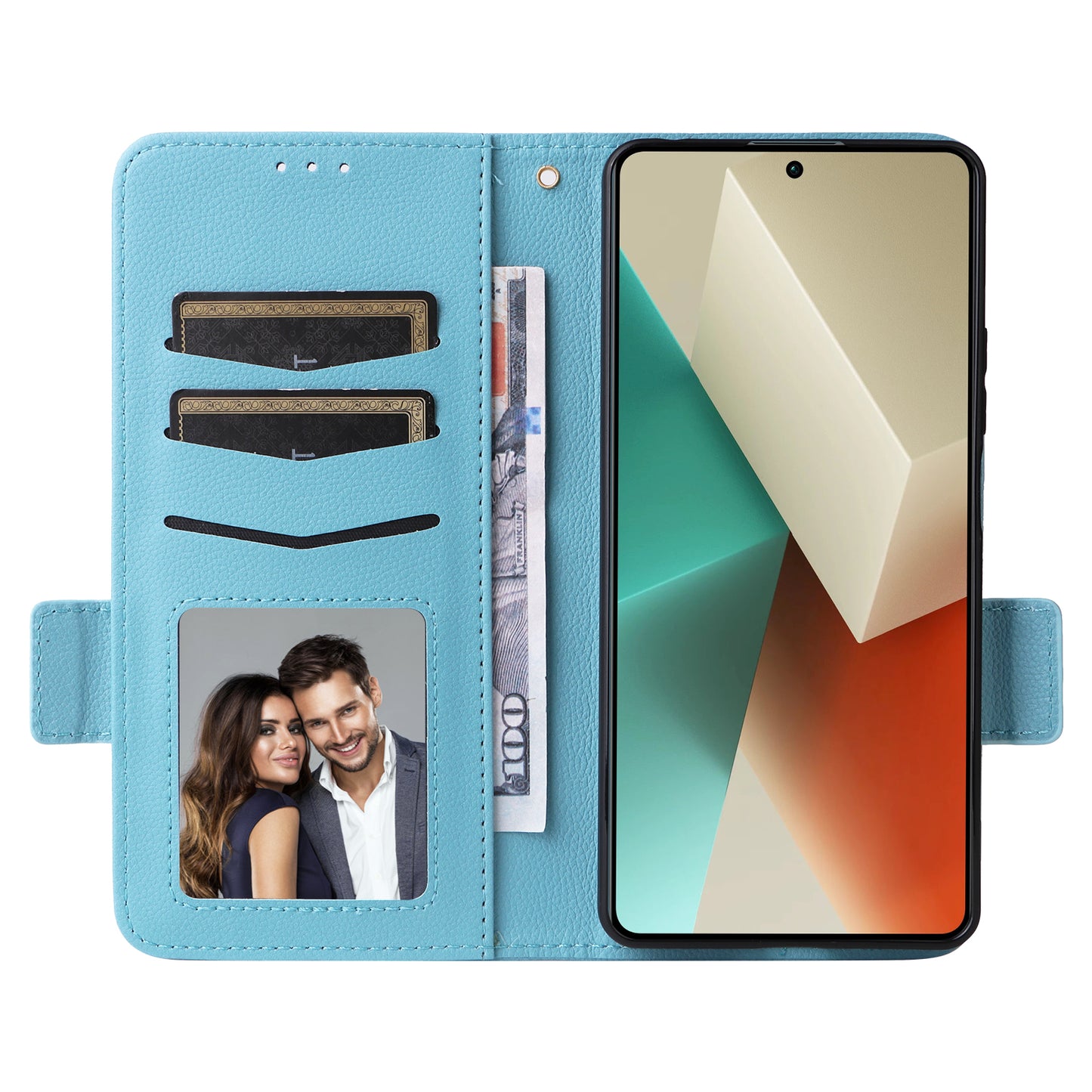 For Xiaomi Redmi Note 13 5G Cover Leather Wallet Stand Cell Phone Case with Strap - Baby Blue