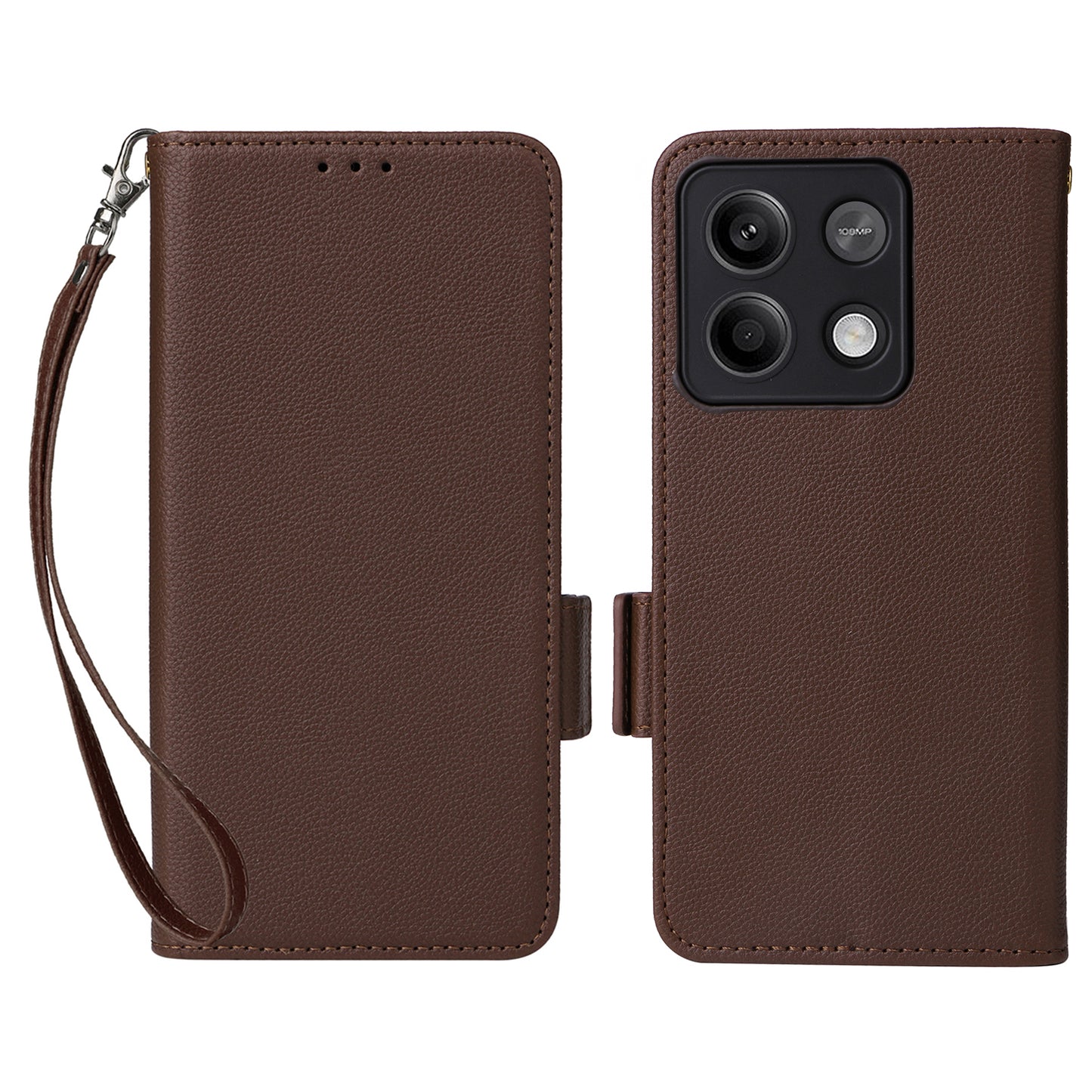 For Xiaomi Redmi Note 13 5G Cover Leather Wallet Stand Cell Phone Case with Strap - Brown