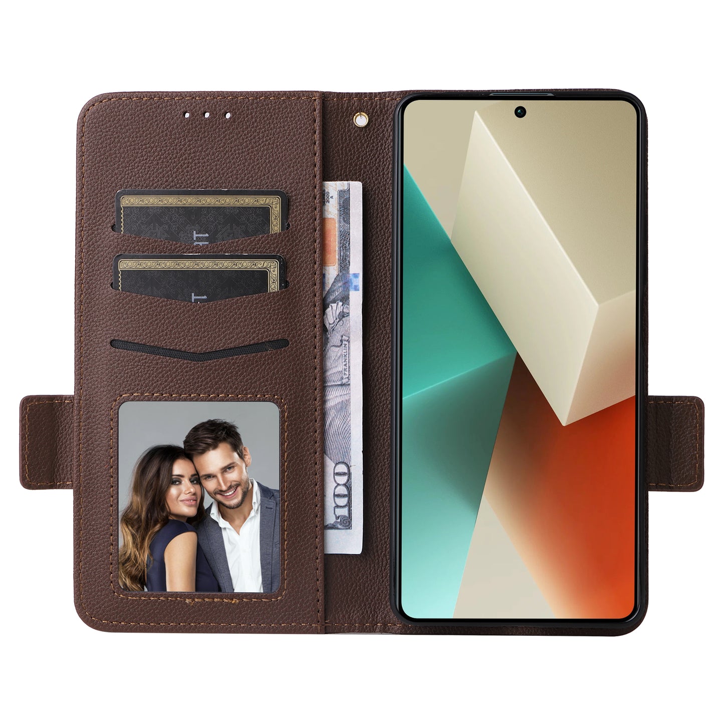 For Xiaomi Redmi Note 13 5G Cover Leather Wallet Stand Cell Phone Case with Strap - Brown
