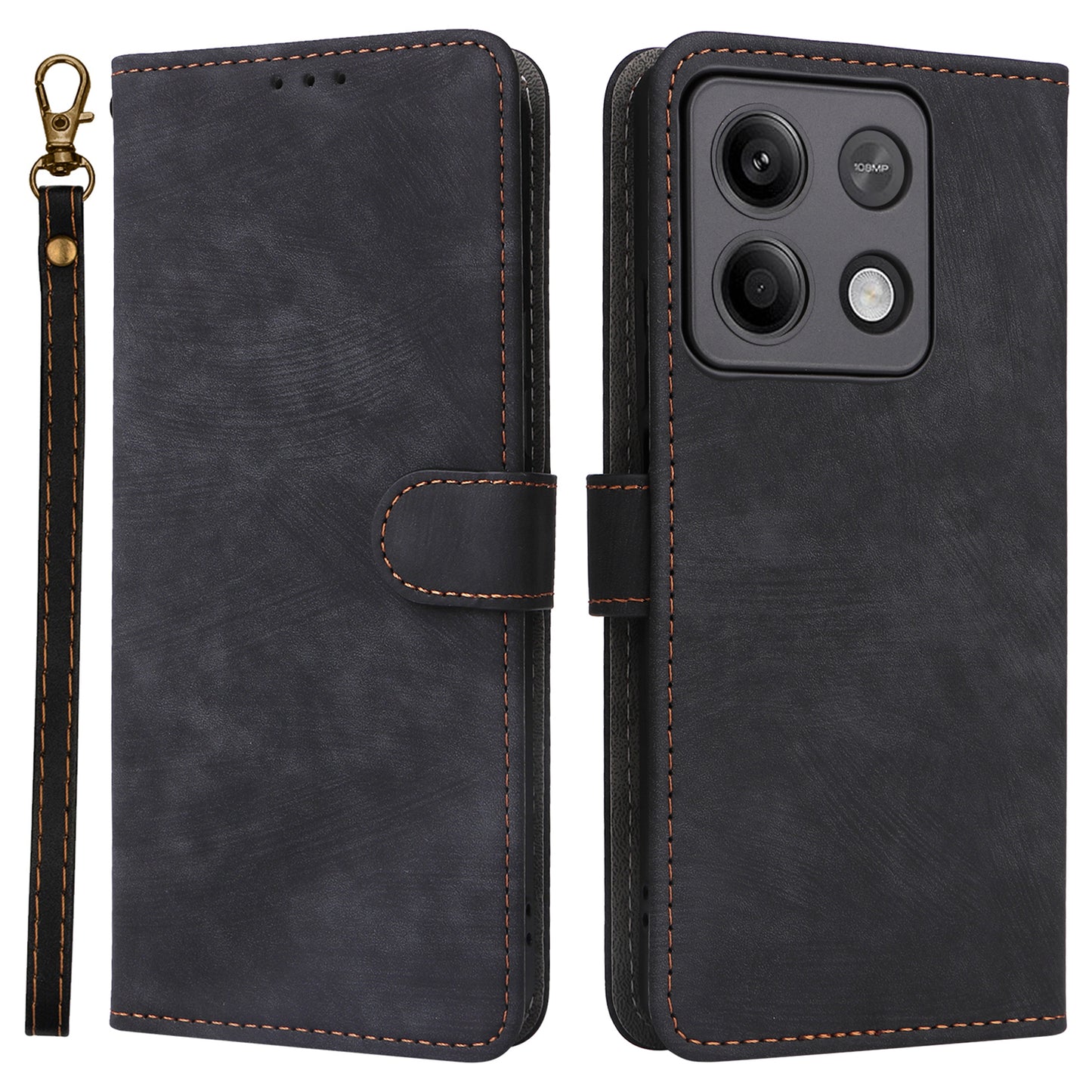 For Xiaomi Redmi Note 13 5G Cell Phone Case RFID Blocking Protective Cover with Strap - Black