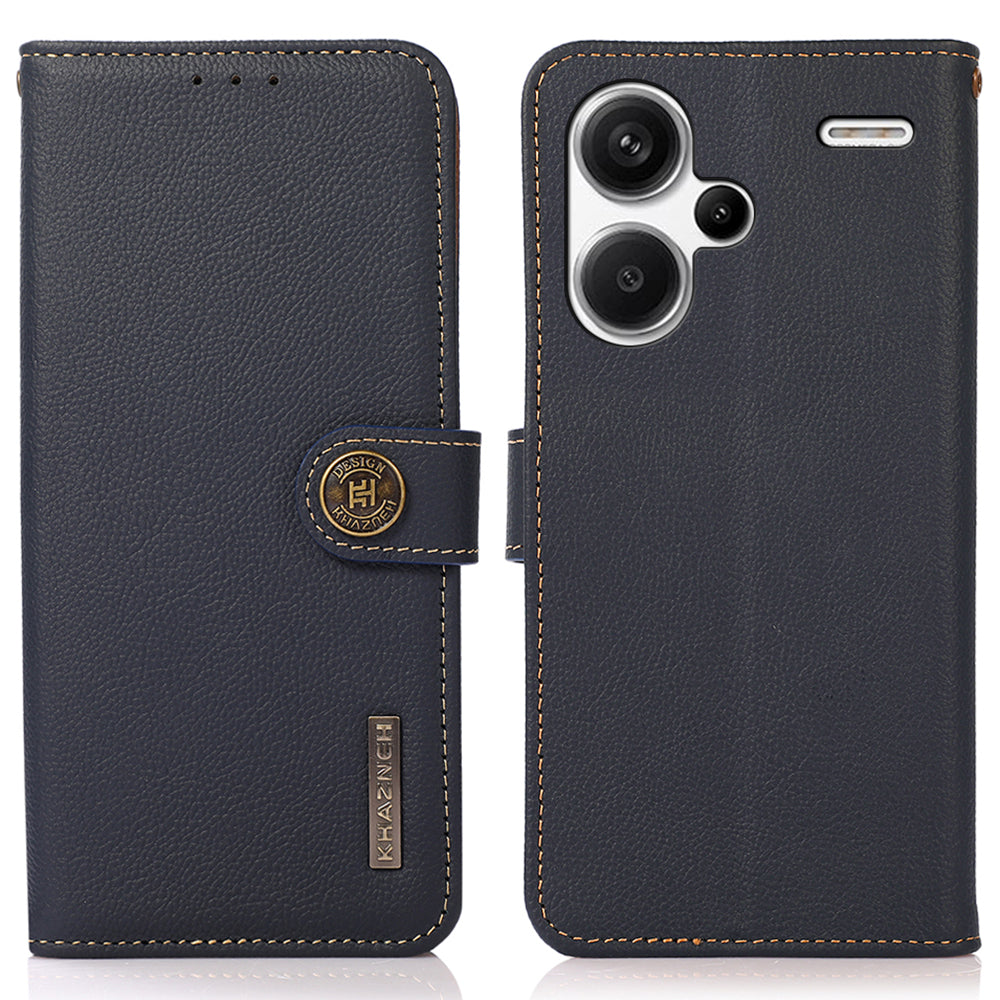 KHAZNEH For Xiaomi Redmi Note 13 Pro+ 5G Cell Phone Case Genuine Cow Leather Wallet Stand Protective Cover - Blue