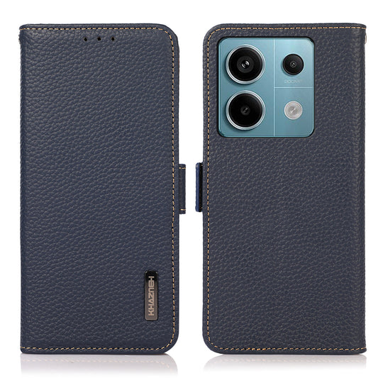 KHAZNEH For Xiaomi Redmi Note 13 5G / 13 5G (China) Phone Case RFID Blocking Genuine Cow Leather Cover - Blue