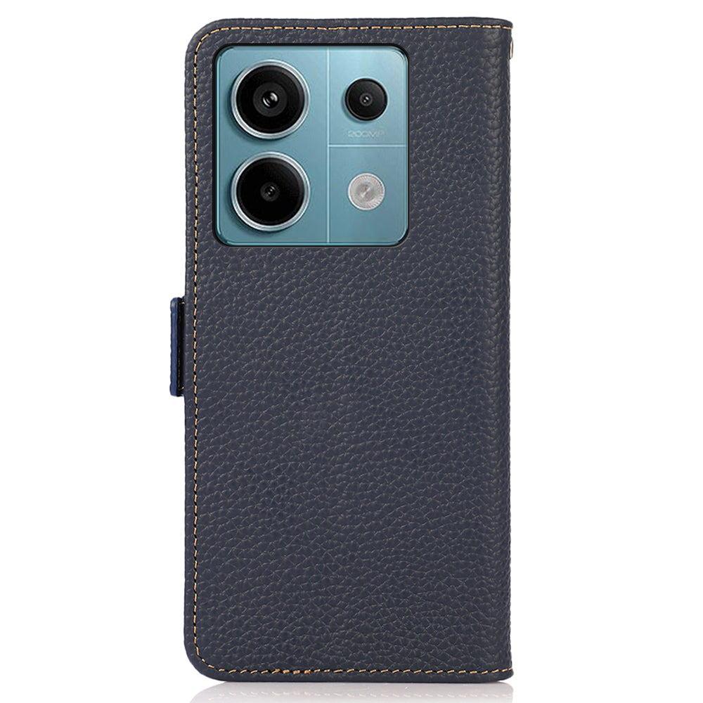 KHAZNEH For Xiaomi Redmi Note 13 5G / 13 5G (China) Phone Case RFID Blocking Genuine Cow Leather Cover - Blue
