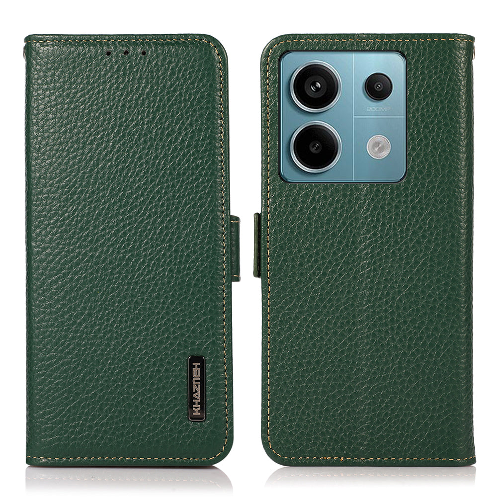 KHAZNEH For Xiaomi Redmi Note 13 5G / 13 5G (China) Phone Case RFID Blocking Genuine Cow Leather Cover - Green