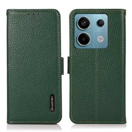 KHAZNEH For Xiaomi Redmi Note 13 5G / 13 5G (China) Phone Case RFID Blocking Genuine Cow Leather Cover - Green