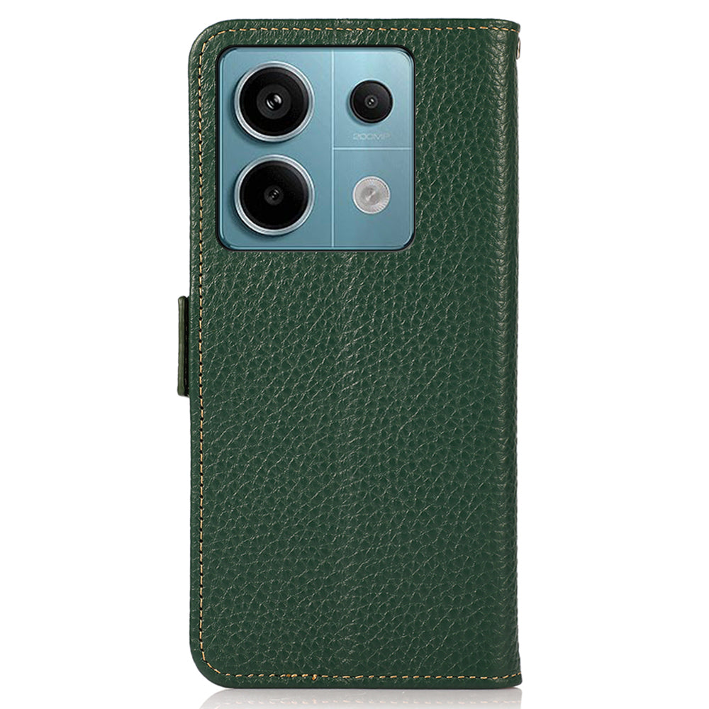 KHAZNEH For Xiaomi Redmi Note 13 5G / 13 5G (China) Phone Case RFID Blocking Genuine Cow Leather Cover - Green