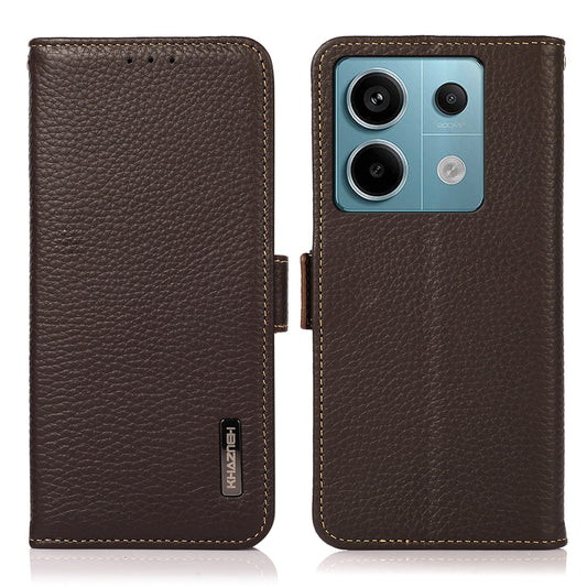 KHAZNEH For Xiaomi Redmi Note 13 5G / 13 5G (China) Phone Case RFID Blocking Genuine Cow Leather Cover - Brown