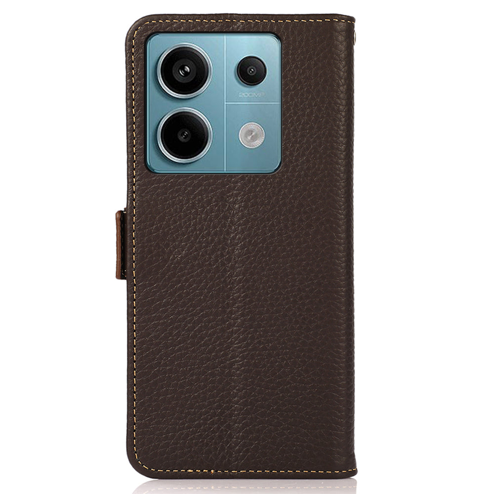 KHAZNEH For Xiaomi Redmi Note 13 5G / 13 5G (China) Phone Case RFID Blocking Genuine Cow Leather Cover - Brown