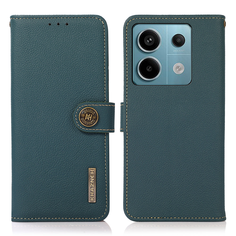 KHAZNEH For Xiaomi Redmi Note 13 5G / 13 5G (China) Case Wallet Stand Genuine Cow Leather Smartphone Cover - Green