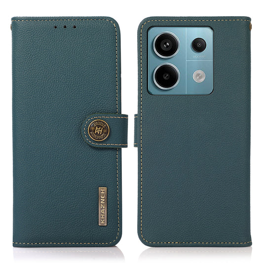KHAZNEH For Xiaomi Redmi Note 13 5G / 13 5G (China) Case Wallet Stand Genuine Cow Leather Smartphone Cover - Green