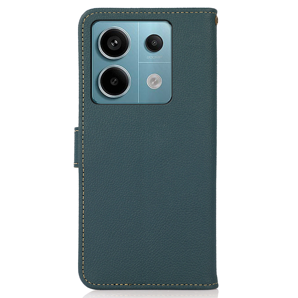 KHAZNEH For Xiaomi Redmi Note 13 5G / 13 5G (China) Case Wallet Stand Genuine Cow Leather Smartphone Cover - Green