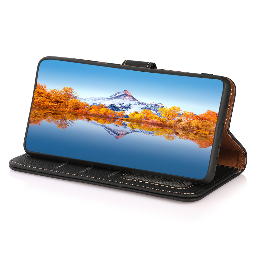 KHAZNEH For Xiaomi Redmi Note 13 5G/13 5G (China) Case Wallet Stand Genuine Cow Leather Smartphone Cover - Black
