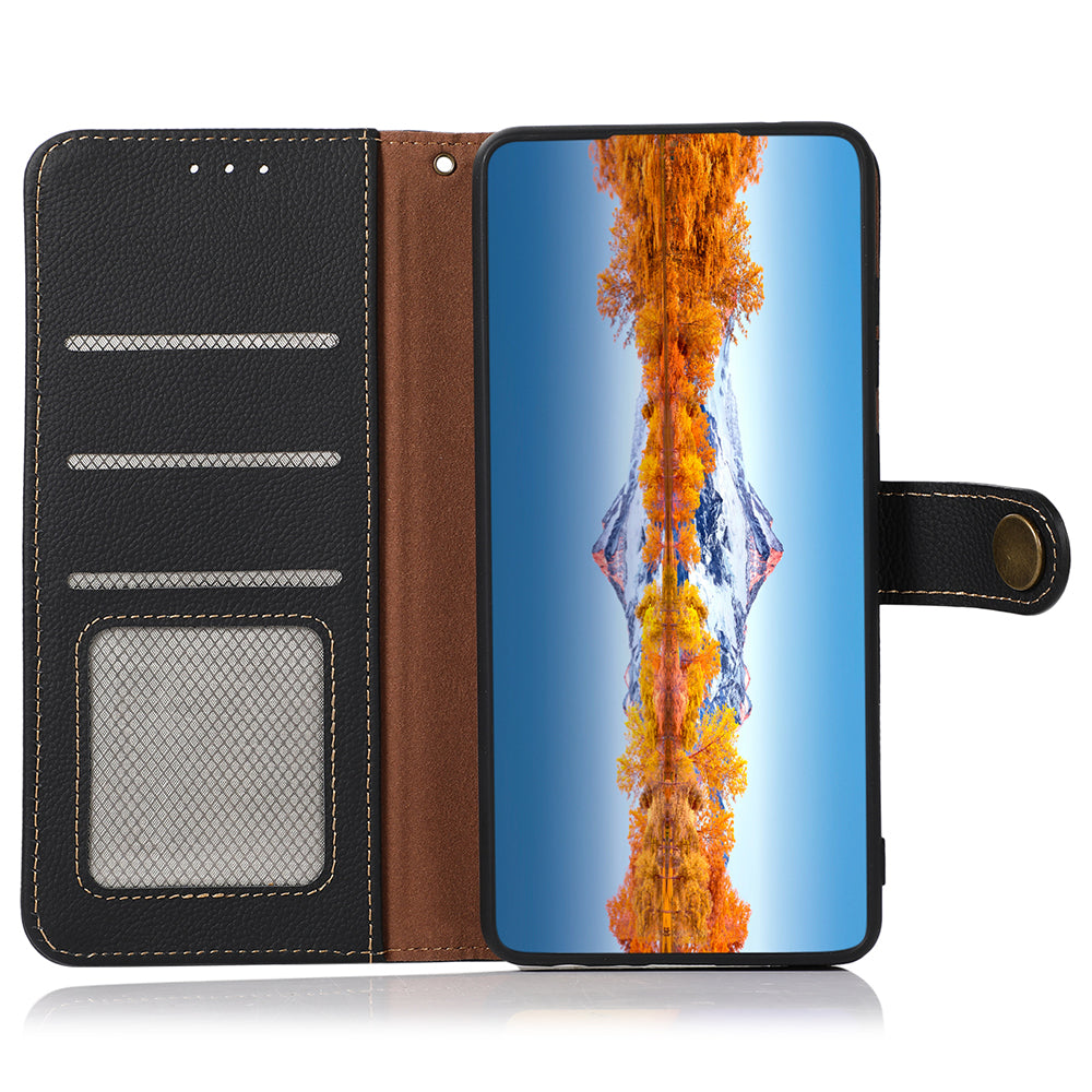 KHAZNEH For Xiaomi Redmi Note 13 5G/13 5G (China) Case Wallet Stand Genuine Cow Leather Smartphone Cover - Black