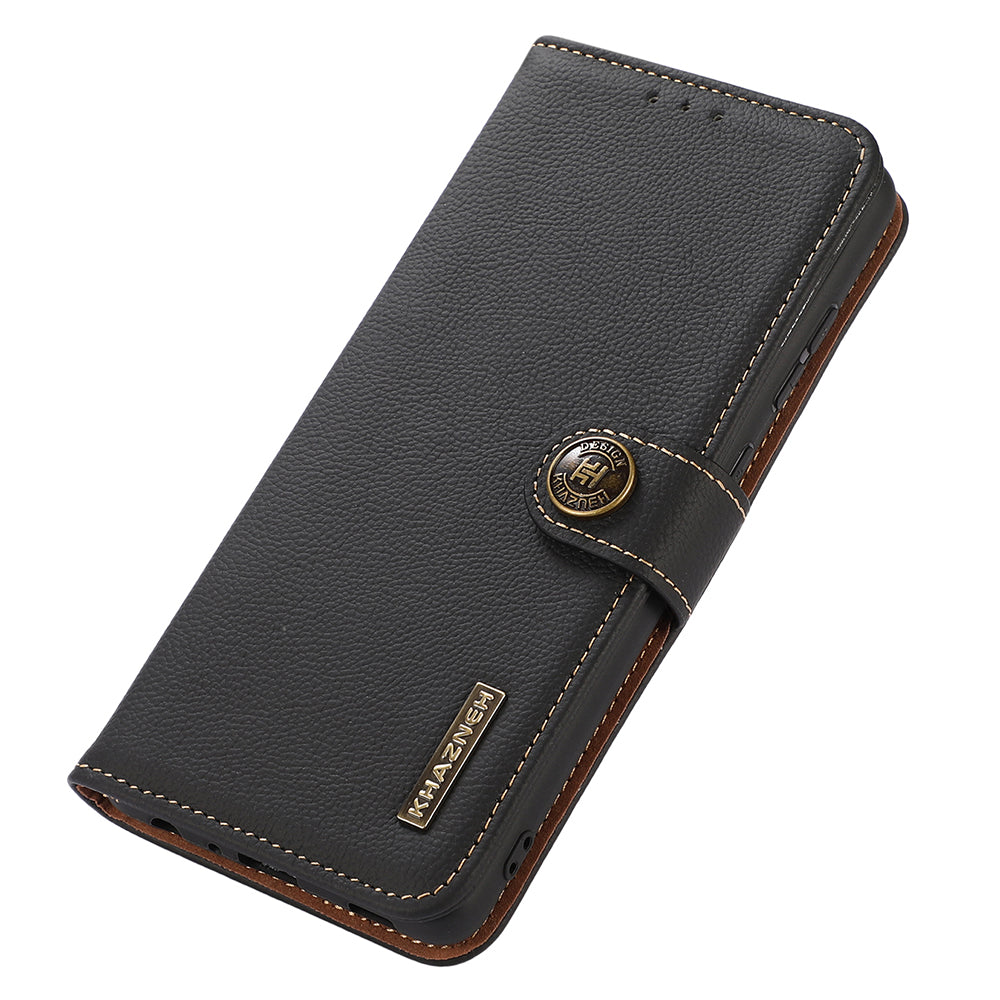 KHAZNEH For Xiaomi Redmi Note 13 5G/13 5G (China) Case Wallet Stand Genuine Cow Leather Smartphone Cover - Black